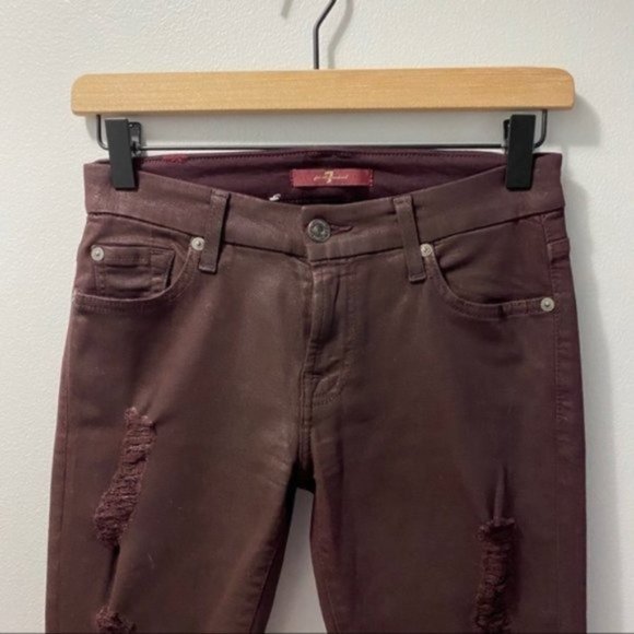 7 For All Mankind Burgundy Distressed Coated Skinny Jeans Size 25 Boho Grunge - Picture 3 of 8